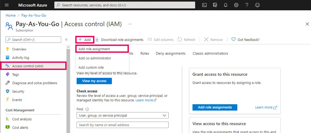 Screenshot of adding a role assignment in the Azure Portal