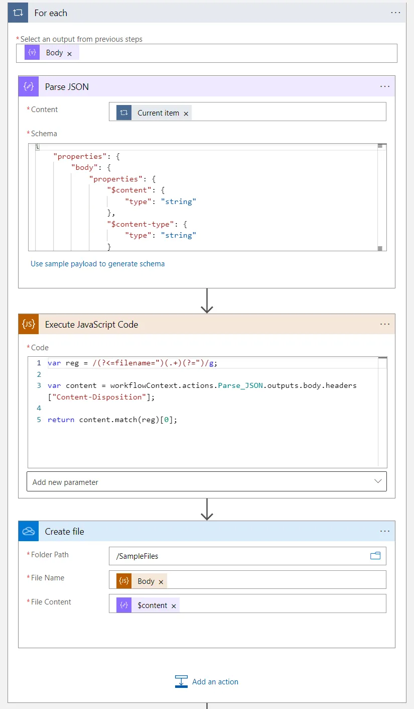 Screen shot of the logic app save attachment loop