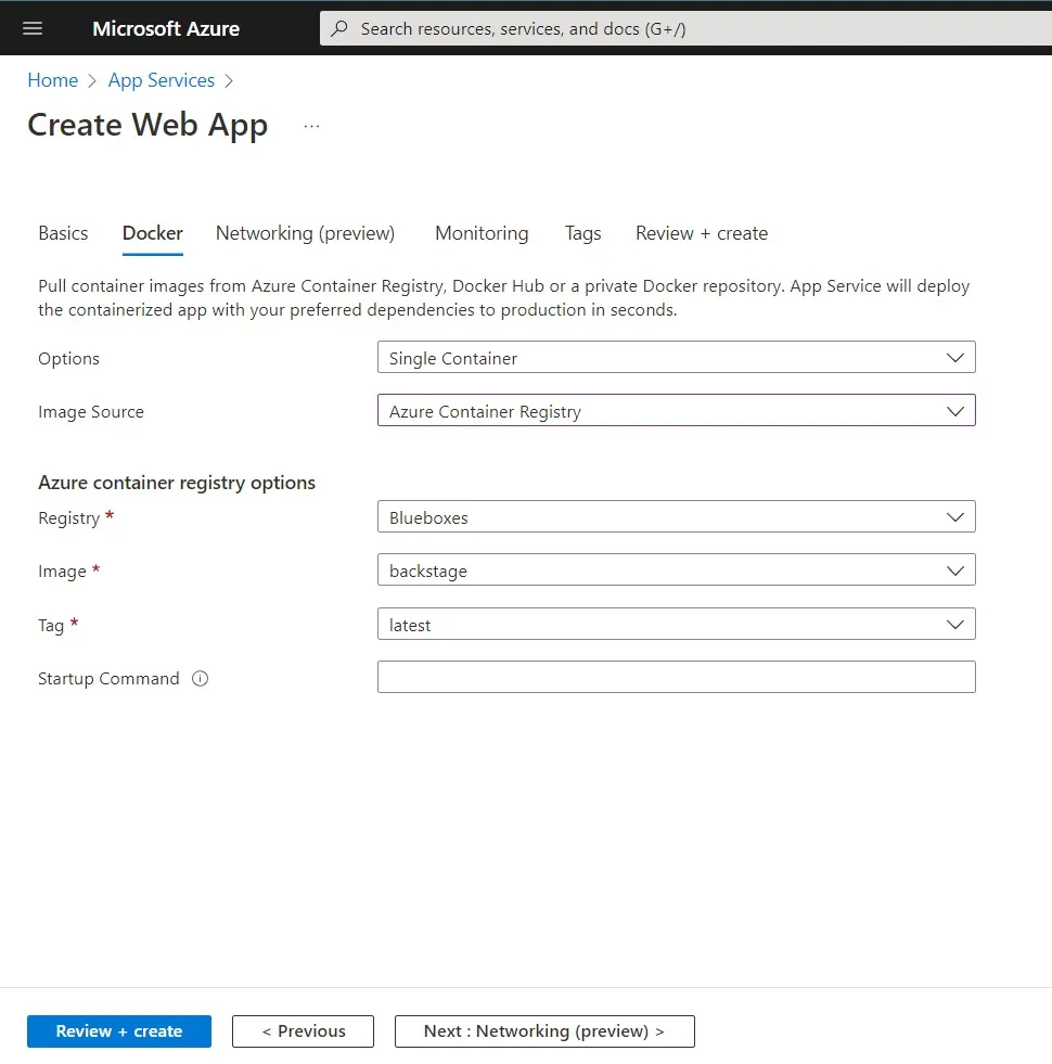 The Azure Web App Create Screen