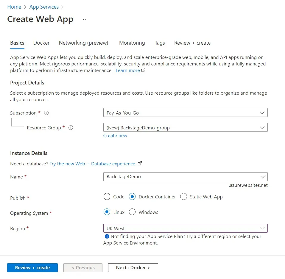 The Azure Web App Create Screen