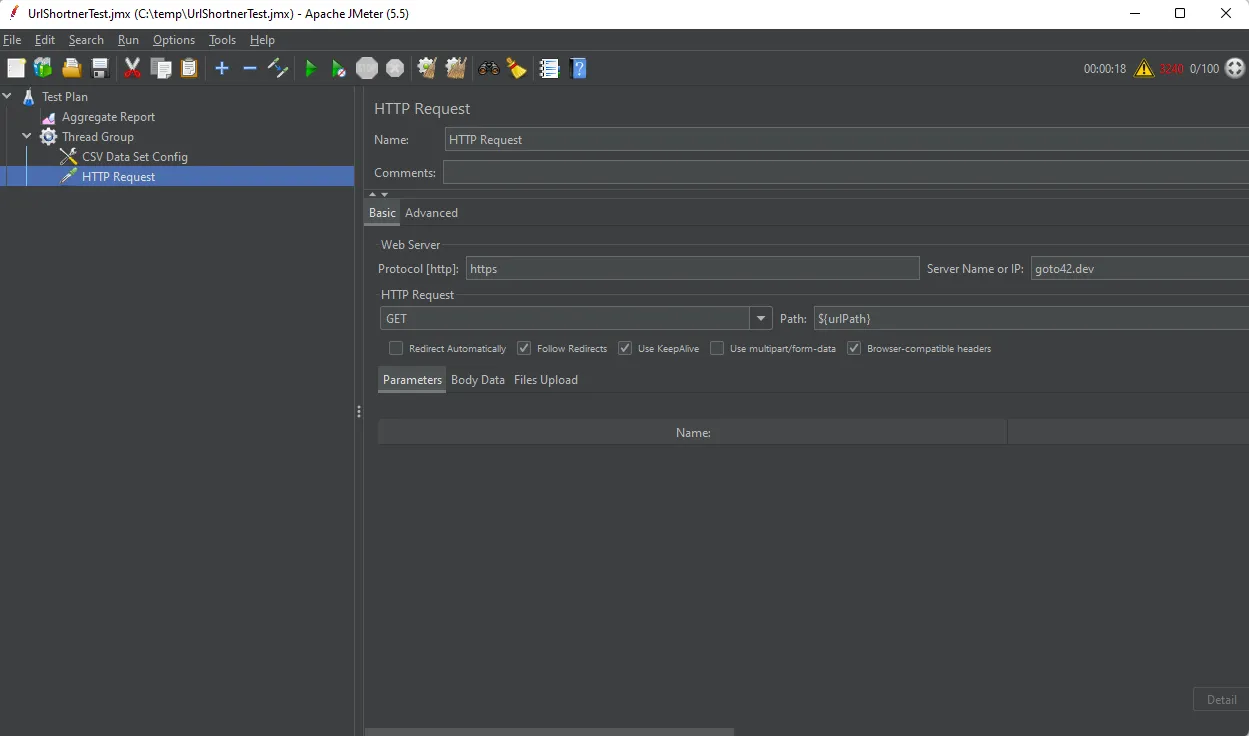 JMeter Screenshot of CSV Configuration