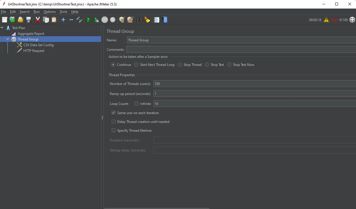 JMeter Screenshot of Thread Group Configuration