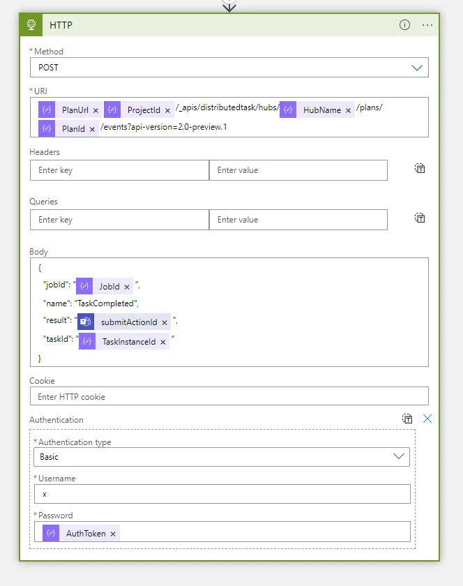 Screen shot of the callback section of the logic app