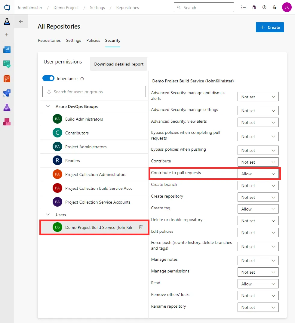 Screenshot of the permission screen in Azure DevOps