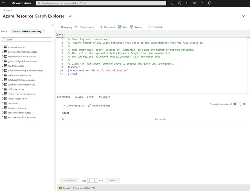 Screenshot of Azure Website showing the Azure Resource Graph Explorer