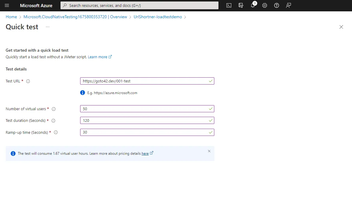 Load Testing Quick Start Screenshot from the Azure Portal