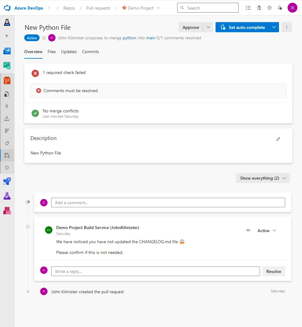 Screenshot of the final pull request with message in Azure DevOps