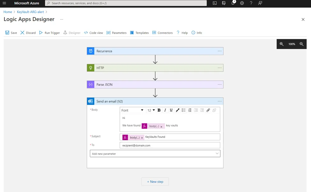 Screenshot of Azure Website showing the email send block