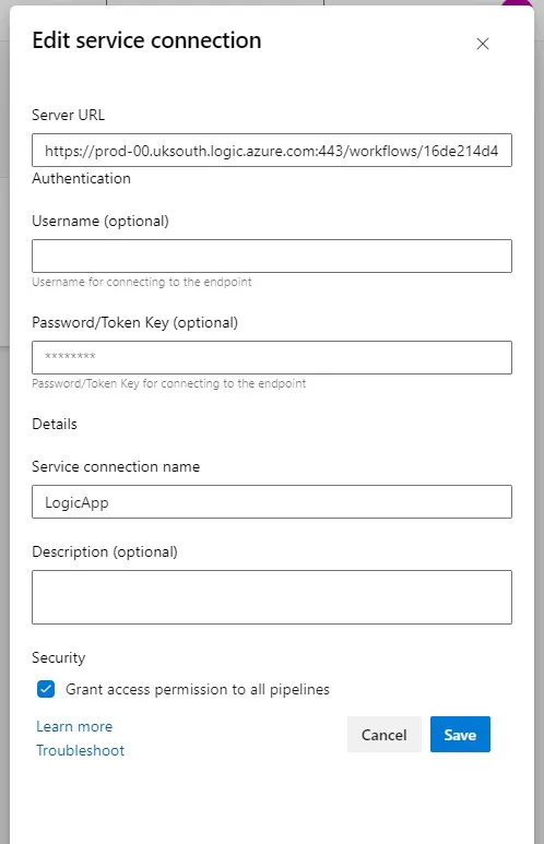 Screen shot of the callback section of the logic app