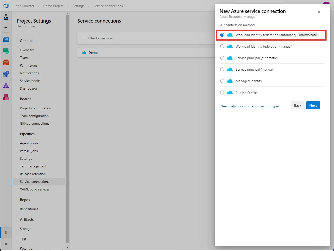 Screenshot of Azure DevOps highlighting how to find Automatic Setup