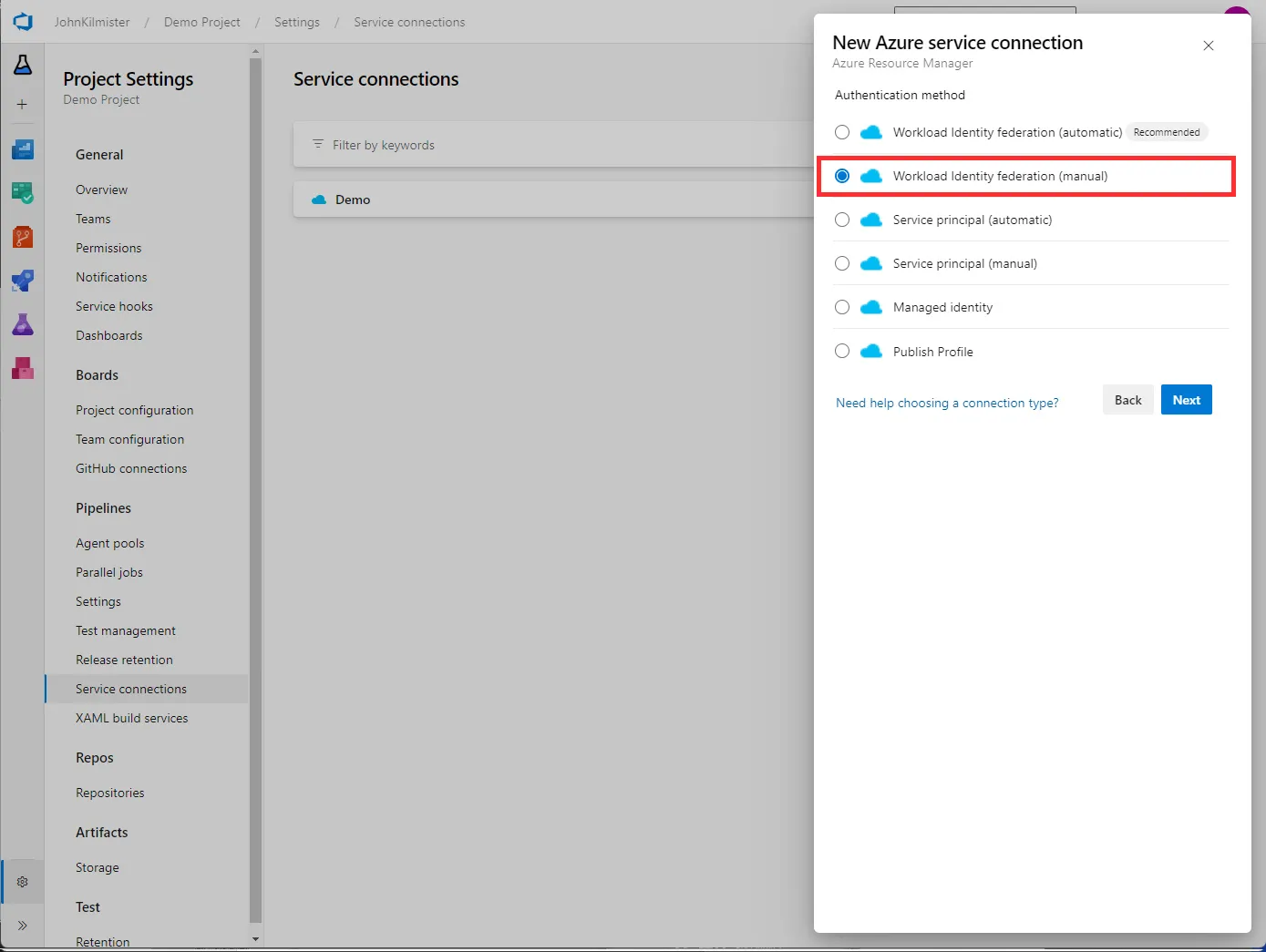 Screenshot of Azure DevOps highlighting how to find Manual Setup