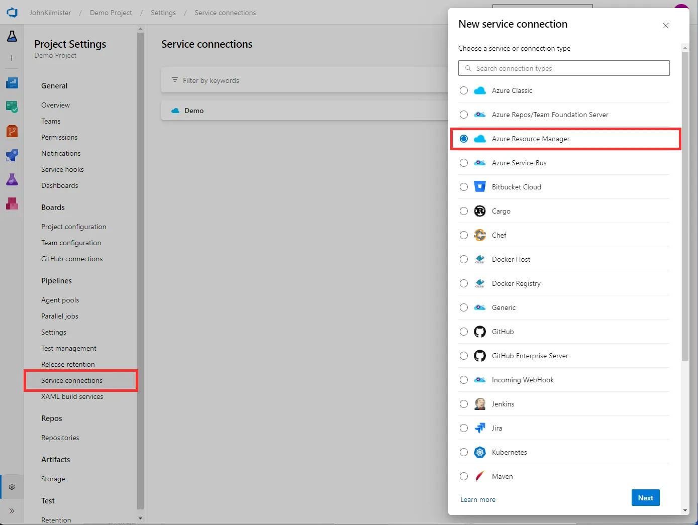 Screenshot of Azure DevOps highlighting how to find ARM Setting