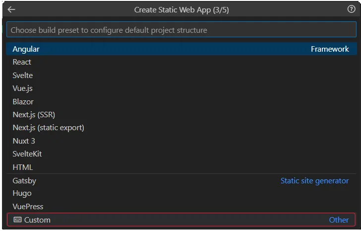 Screenshot of the Azure SWA Step 3